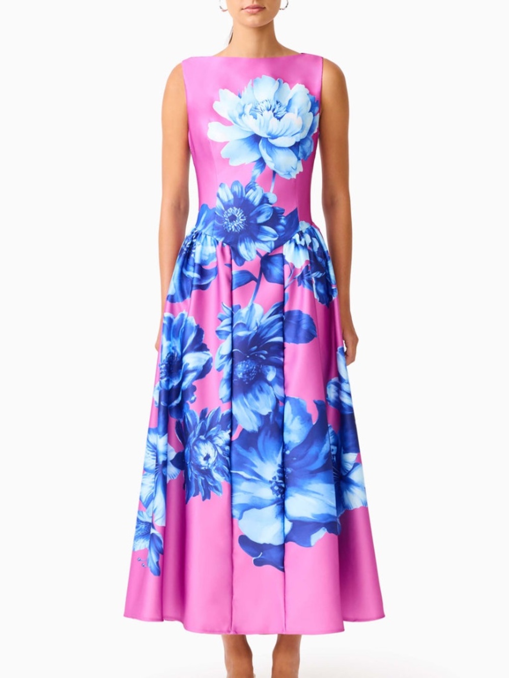 ELLIATT Sybella A-Line Midi Dress Boat Neck Pink Blue Floral Satin - SMALL